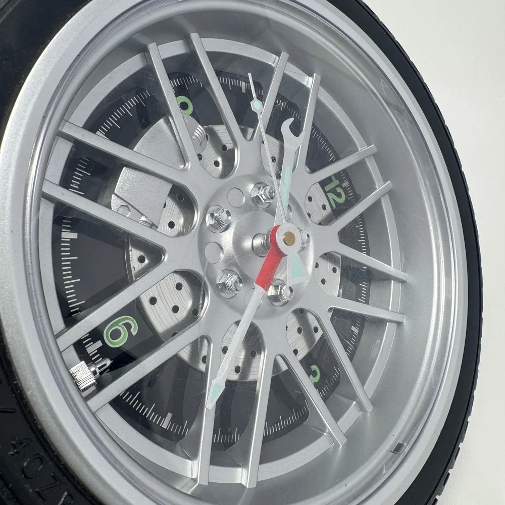Tire Wheel Wall Clock Sterling & Noble Glow In The Dark Automotive Decor Black